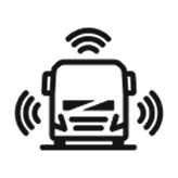 icon image of a volvo truck in black and white that has waves coming out of 3 sides except for the bottom